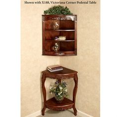 a corner table with a shelf and vase on top