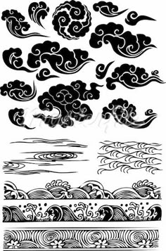 clouds and waves in the sky with black ink on white paper, set of four different designs