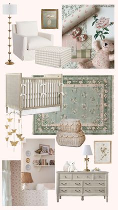 a collage of baby's nursery furniture and decor