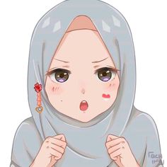 an anime character wearing a hijab and holding her hand up to her face