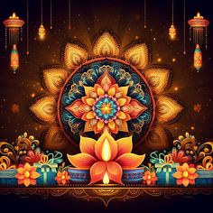 an ornate design with lights and flowers on a dark background for diwaling the festival