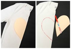 two pictures showing how to make a t - shirt with heart cutouts on it