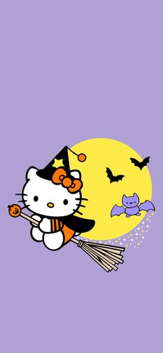 an image of hello kitty flying in the sky with bats and pumpkins on it