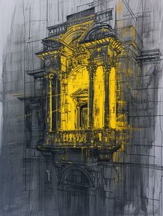 a drawing of a building with yellow paint on it