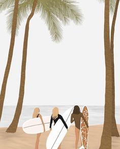 three surfers are walking on the beach with their surfboards in hand and palm trees behind them