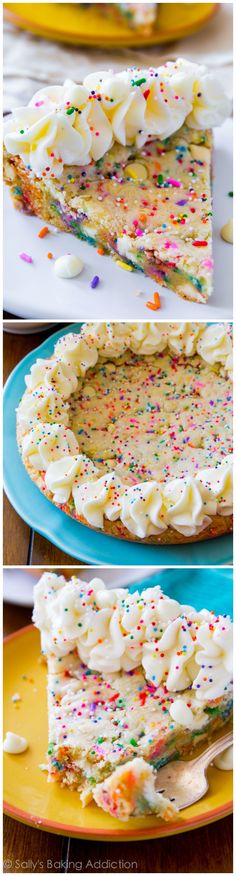 three different views of a cake with white frosting and sprinkles on it