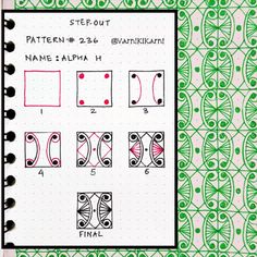 a notebook with different patterns and numbers on the pages, including one for each letter