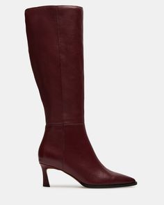 Elevate your style with LUCID - a sleek, knee-high boot featuring a trendy kitten heel and a pointed toe for a sophisticated touch. Perfect for pairing with any outfit, this boot will add a touch of elegance to your wardrobe. 2.25 inch heel height Size 6 measurements: 14.5 inch shaft circumference, 15.25 inch shaft height Size 8 measurements: 15.25 inch shaft circumference, 16.25 inch shaft height Size 10 measurements: 16 inch shaft circumference, 17.25 inch shaft height Leather upper material T Maroon Boots Outfit, Burgundy Boots Outfit, Burgundy Knee High Boots, Maroon Boots, Holy Girl, Kitten Heel Boots, Burgundy Boots, Steve Madden Store, Heel Boot