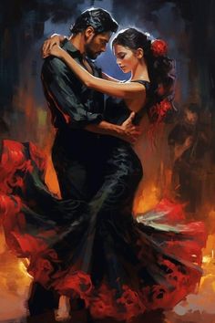 a painting of a couple dancing in flamenco dress with their arms around each other