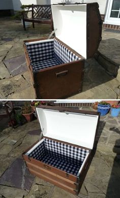 an open trunk sitting on top of a stone patio