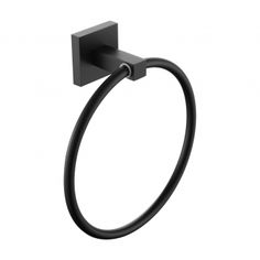 a black towel ring on a white background with the handle extended to it's left side