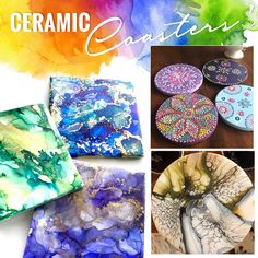 ceramic coasters with different designs on them and the words ceramic creations written in white