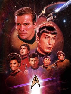 the poster for star trek, featuring two men and one woman