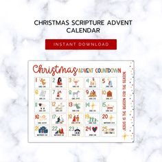 the christmas scripture calendar is shown on a marble background with red and white lettering