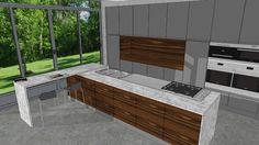 a rendering of a kitchen with an island and stove top oven, sink, and cabinets