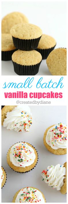 small batch vanilla cupcakes with white frosting and sprinkles