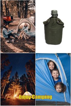 the collage shows several different camping items