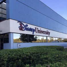 the front entrance to disney university with bushes in front