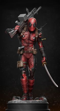 the deadpool character is holding a knife and wearing red paint on his body, while standing