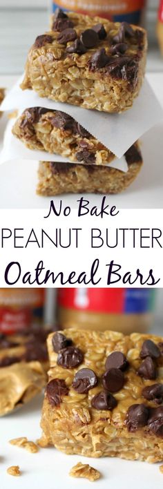 no bake peanut butter oatmeal bars stacked on top of each other