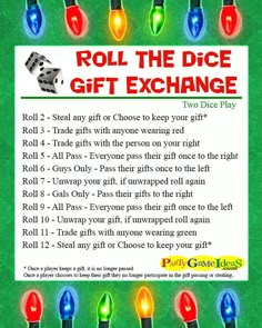 an advertisement for the roll the dice gift exchange with christmas lights on green grass and white background