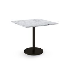 a white marble table with black base on an isolated background, viewed from the front