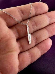 "Personalized Chef Knife Necklace, 925 Sterling Silver Knife Necklace, Personalized Gifts, Gifts For Chef, Custom Chef Knife Necklace, Gifts This necklace is the most beautiful and special gift you will get to make your girlfriend, wife, mother, sister, and yourself happy.   I want you to choose the color and length of the necklace that I will make out of silver for you and your loved ones to buy as gifts. Then you can place your orders by typing the number you want to personalize.      DETAILS MATERIAL: 925 Sterling Silver COLOR: Silver, Gold, Rose Gold Chain Type: Cable, Rolo, Curb, Figaro, Box LENGTH: 12\"- 14\"- 16\"- 18\"- 20\" - 22'' - 24''   Please carefully choose the necklace's color and chain size from the options menu. Don't forget to fill out the note for your personalized prod Chef Necklace, Silver Knife, Knife Necklace, Chef Gifts, Rose Gold Chain, Necklace Personalized, Chef Knife, Name Necklace, I Want You