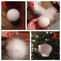 instructions for how to make a fluffy white ball ornament with feathers and beads