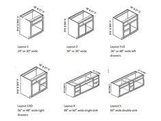 an image of kitchen cabinet sizes for different types of cabinets in the same drawing style