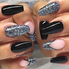 Black And White Nails, Nails With Glitter, Black Coffin Nails, Stiletto Nail Art, Simple Acrylic, Nails Colors, Acrylic Coffin, Colorful Nail Designs, New Year's Nails