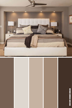 a bedroom with neutrals and browns in the color scheme, including two lamps on either side of the bed