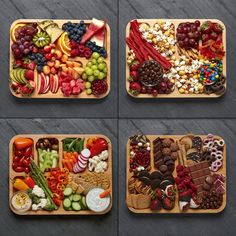 four trays filled with different types of fruits and veggies on top of each other