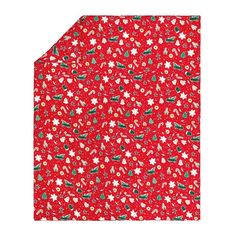 a red bandanna with snowflakes and holly branches on the bottom, in front of a white background