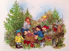 children are gathered around a picnic table in the woods, eating and drinking from boxes