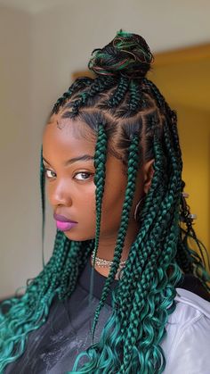 24 Goddess Braids With Color Redefining Beauty Standards Braids With Green Hair, Green Goddess Braids, Blonde And Green Braids, Hair Extension Color Ideas, Green Braids For Black Women, Braids Hairstyles Color, Knotless Braids With Loose Curls, Green Knotless Braids, Blue Hair Braids