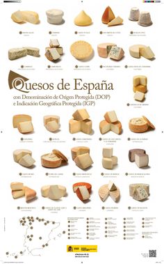 a poster showing different types of cheeses in spanish and english, with instructions on how to make them