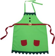 a green apron with red trim and buttons