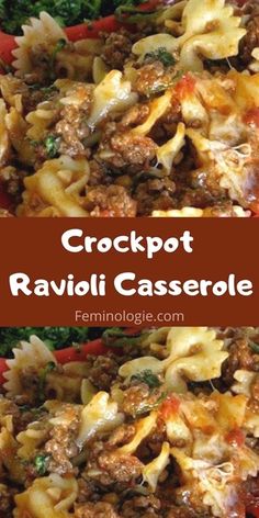 crockpot ravioli casserole with meat and cheese in a red bowl