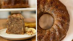 there is a loaf of banana bread next to a plate with a piece of cake on it