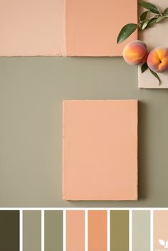 peaches are displayed on the wall in shades of green, pink and greys