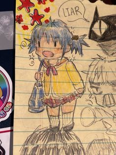 a drawing of a girl standing on top of a piece of paper next to other drawings