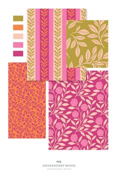 four different patterns in pink, yellow and green with the words gorseberry moon on them