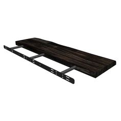 a wooden shelf with metal brackets on the bottom and one piece of wood attached to it