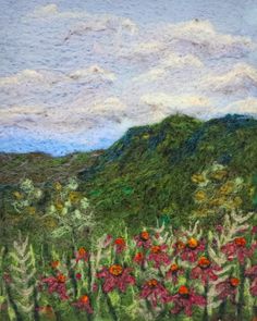 an image of a painting with flowers in the foreground and clouds in the background