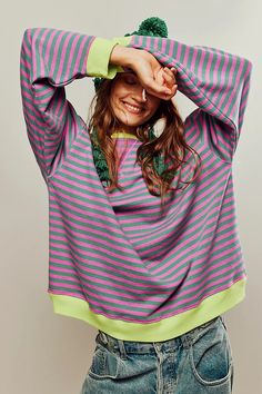 Classic Striped Oversized Crewneck | Free People Style Vert, Oversized Striped Sweater, Multicolor Sweater, Oversize Pullover, Pull Oversize, Oversized Crewneck, Elegante Casual, Striped Sweatshirts, Estilo Chic