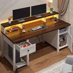 a computer desk with two monitors on top of it and drawers underneath the desk, in front of a window