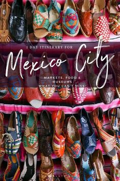 many colorful shoes are on display in a store with the words mexico city written above them