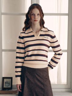 This preppy V-neck collar stripe knit pullover is a versatile addition to your wardrobe. It features the three-tone stripe knit design, exuding unique mood.- Cropped length that makes your look stylish - Scallop texture detail at the collar- Loose fit for versatile styling options Look Stylish, Knit Pullover, Neck Collar, Striped Knit, Knitting Designs, Knitted Pullover, Knitwear, Loose Fitting, V Neck