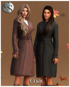 two women standing next to each other in front of fall leaves and the caption coat