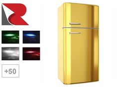 an image of a golden refrigerator with the door ajar and three different color options